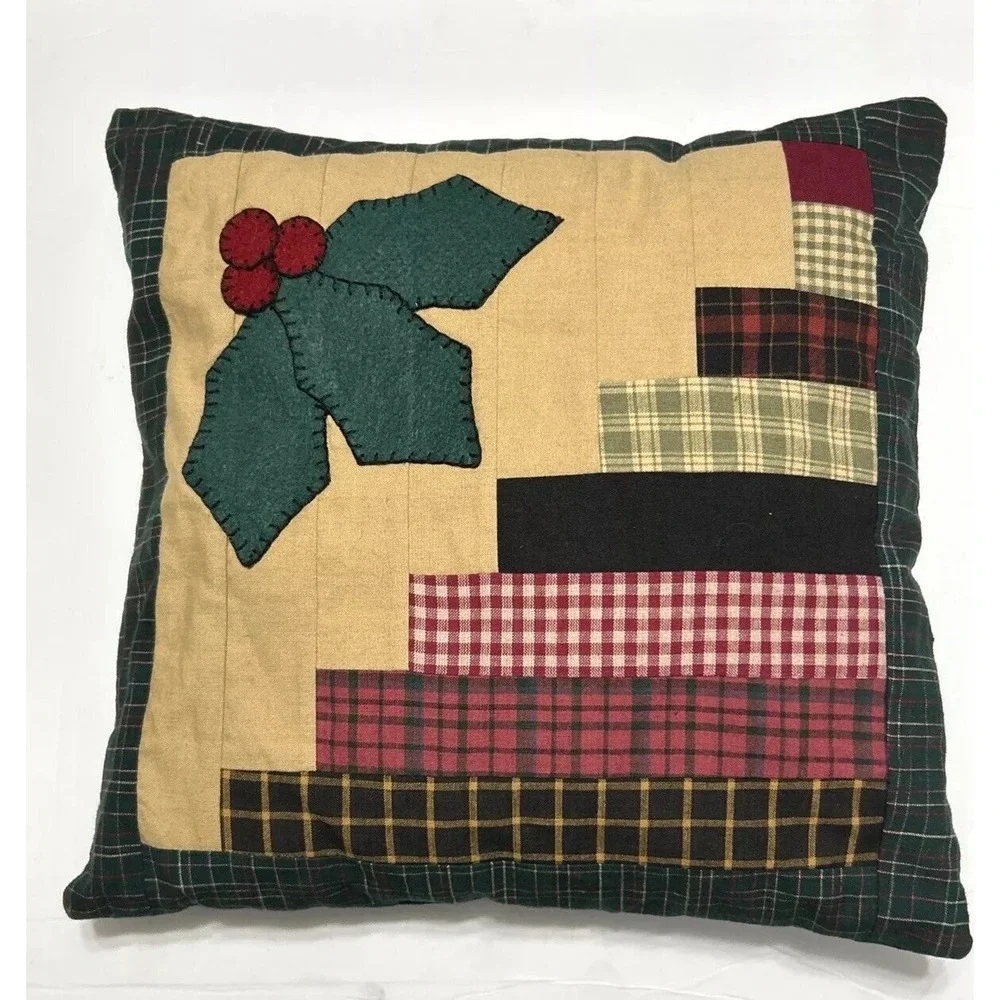 Pillow Christmas Holly Patchwork Handmade Open Back Cover Green Red 12